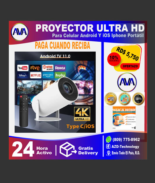 Proyector Ultra HD Para Móviles Celular Wifi Bluetooth Android Y iOS Iphone Portátil